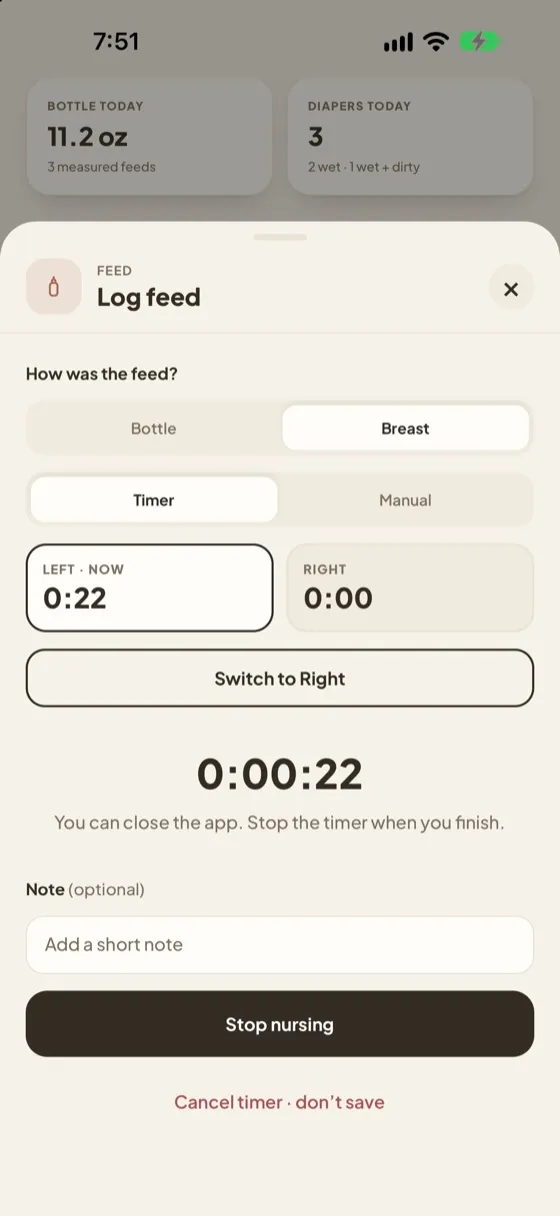 Masiya screen: Nursing timer running