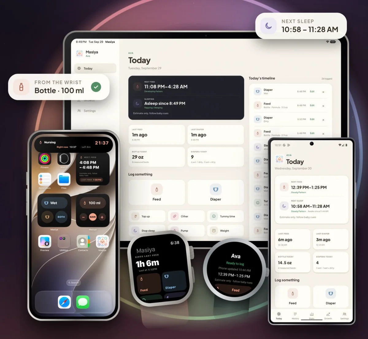 Masiya on an iPhone Home Screen with widgets and a nursing timer, the Today screen on iPad and an Android phone, and Masiya on an Apple Watch and a Wear OS watch