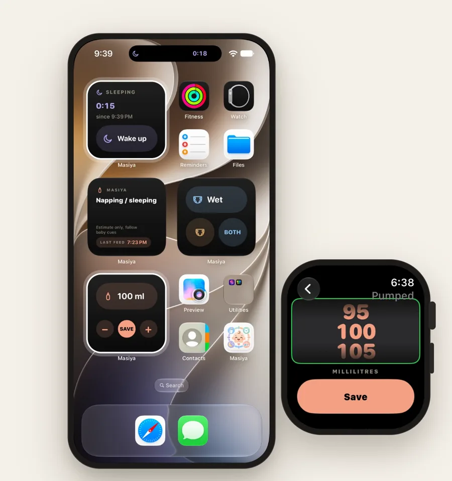 A Home Screen with Masiya nap, diaper and bottle widgets, next to a watch logging 100 ml of pumped milk