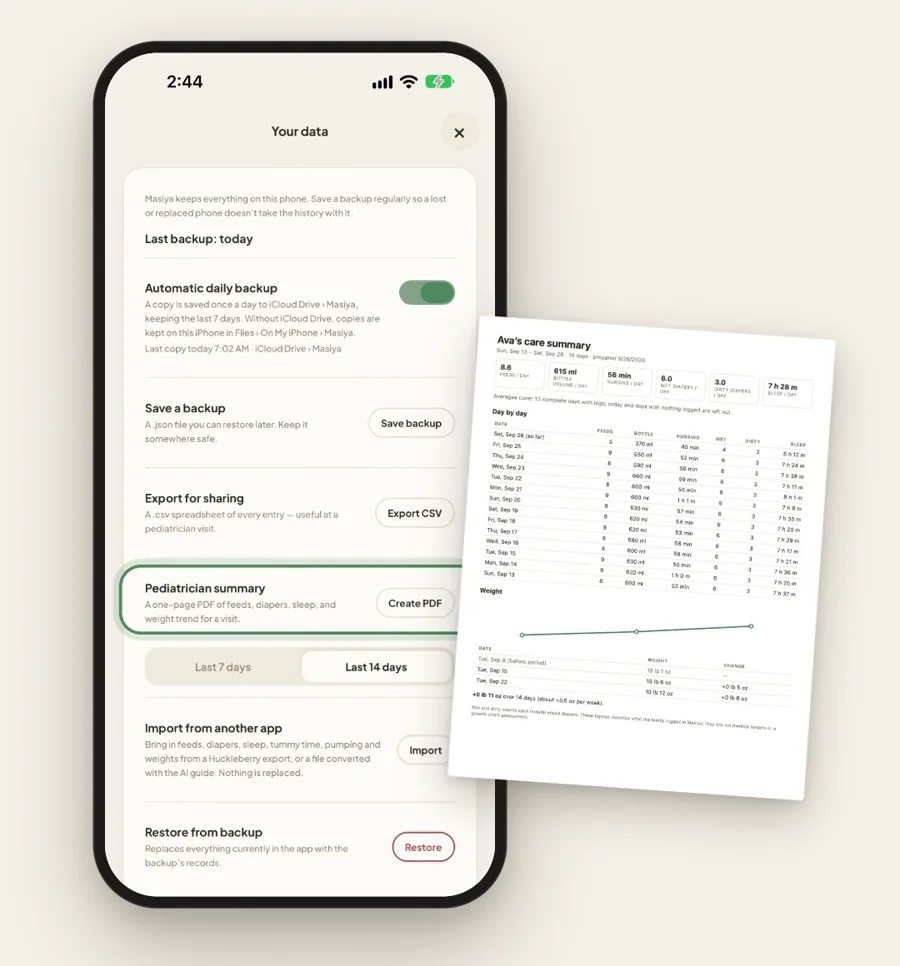 The Your data screen with the pediatrician summary option, beside a one page printed summary of the last 14 days
